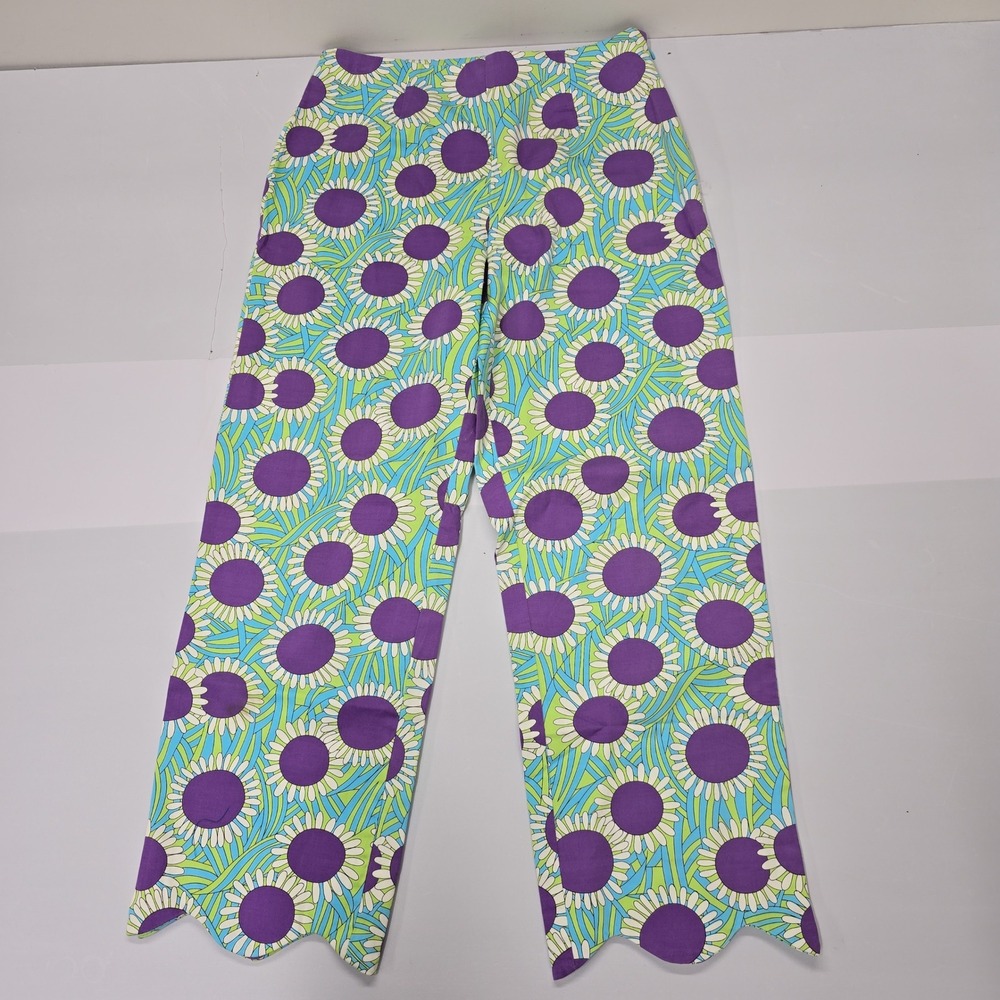 Bamboo Traders Womens Floral Wide Leg Capri Purple Green Scalloped‎ Hem Retro